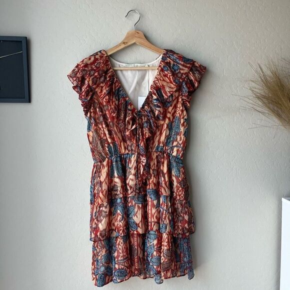 NWT Marie Oliver Dress Metallic Tiered Ruffle Gemma Mini Dress Red Size XS‎ - Picture 3 of 11